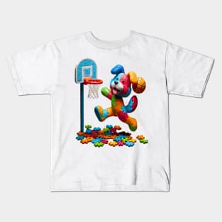 funny puzzle dog basketball Slam Dunked sport boys men kids Kids T-Shirt